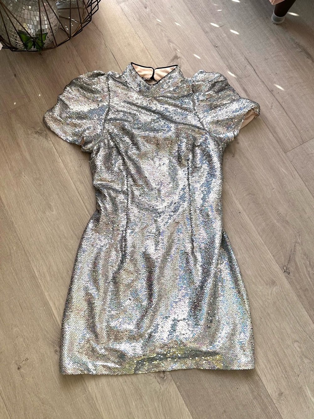 Holographic Silver Sequin Mini Sleeve Party Dress